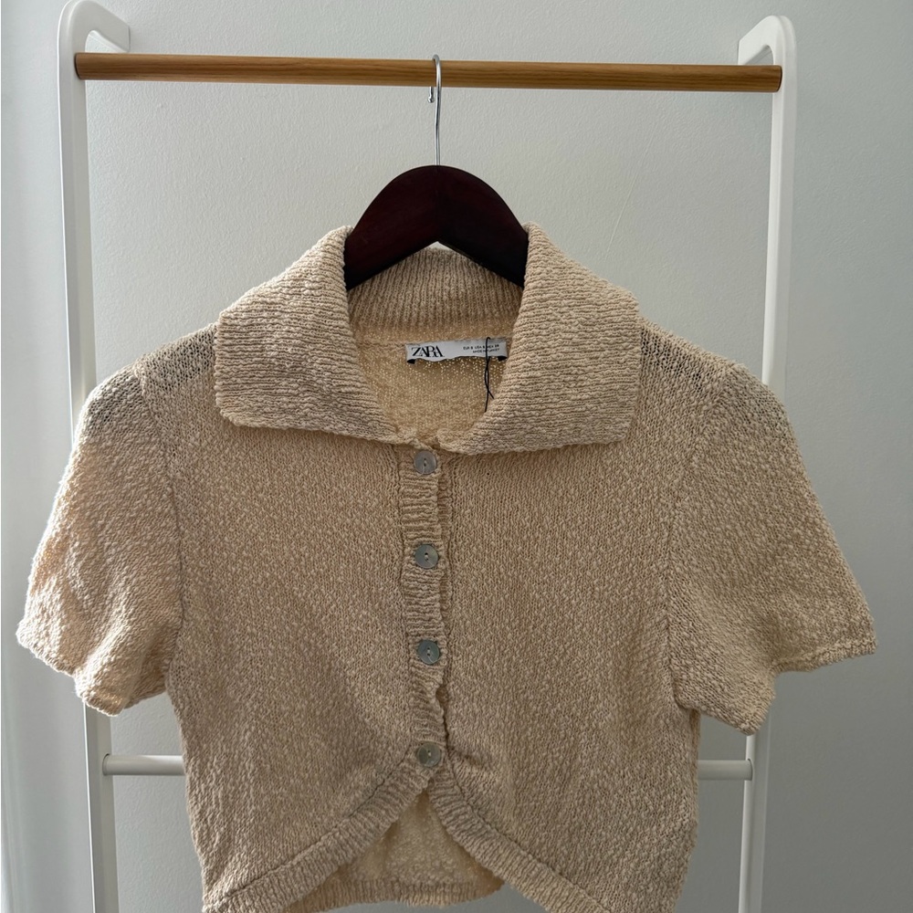 Zara Cream Textured Short-Sleeve Button Cardigan